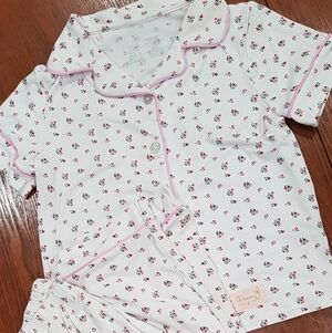 White and Pink Floral Kids Pajama Set with Pink Piping